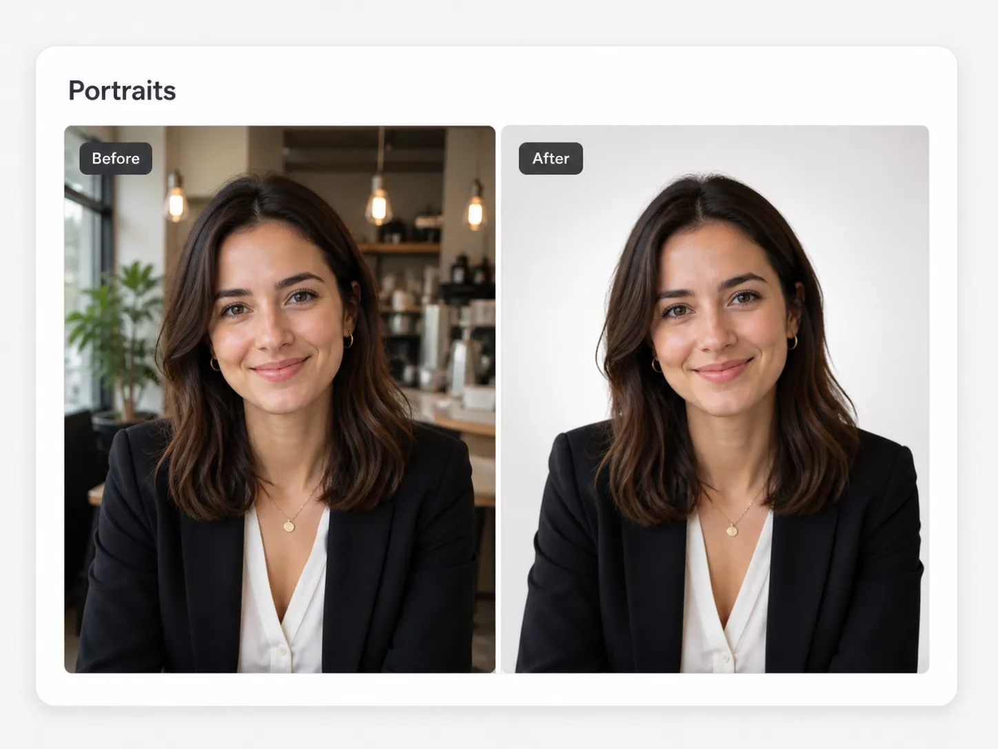 Portrait background remover before and after example with transparent PNG output